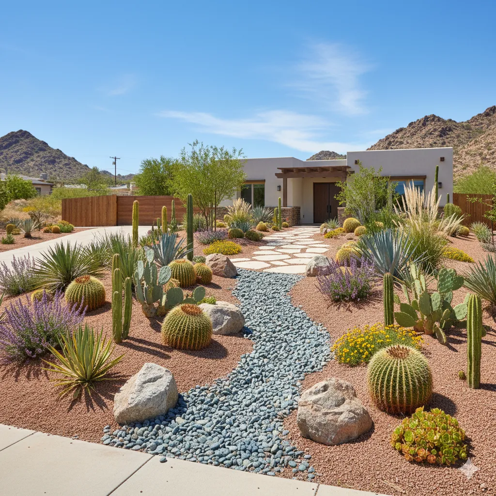 Xeriscaping design with succulents and decorative gravel in American residential yard