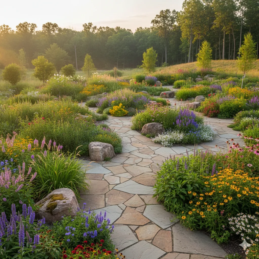 Native plant garden featuring indigenous American plants and natural stone pathways