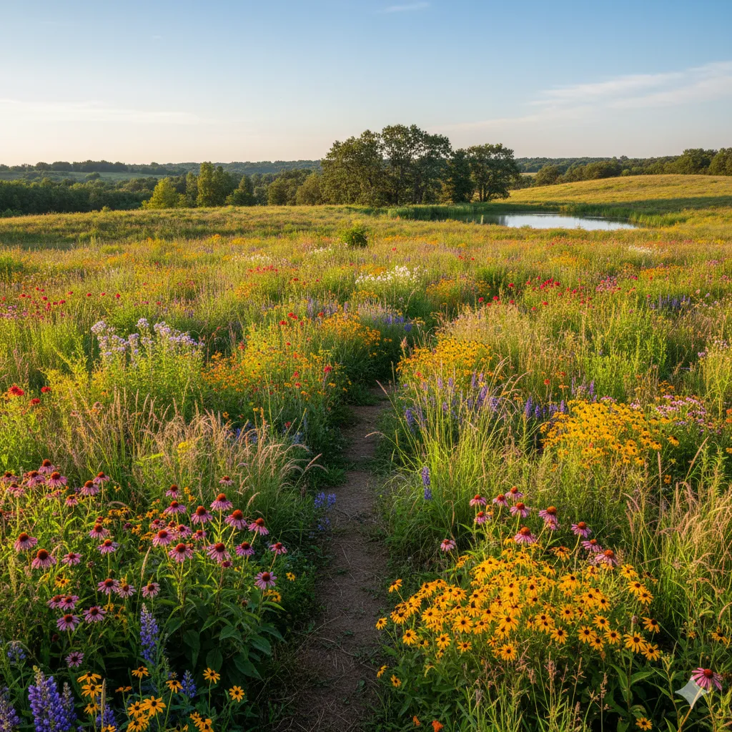 Native plant garden with indigenous wildflowers and grasses creating natural landscape